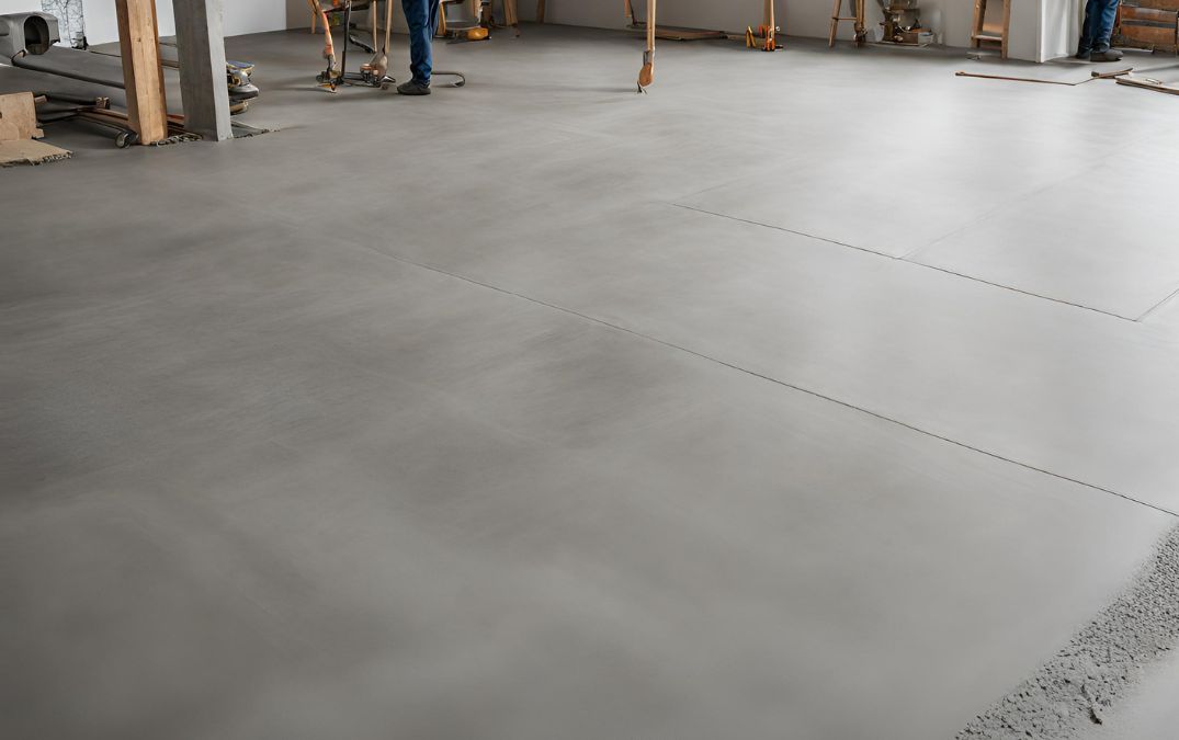 Freshly poured concrete floor for a workshop.