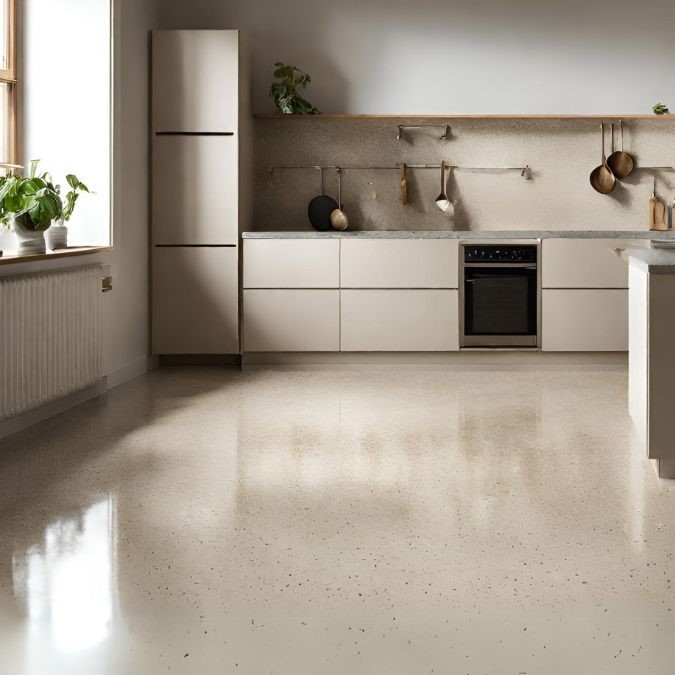 A polished concrete floor for a kitchen.