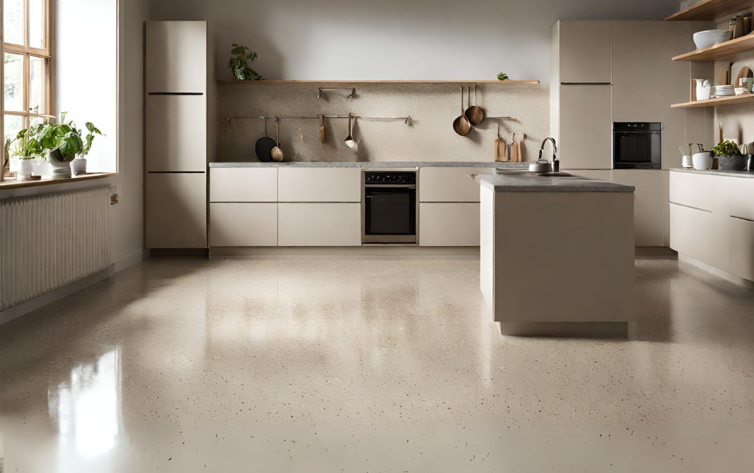 A polished concrete floor for a kitchen.