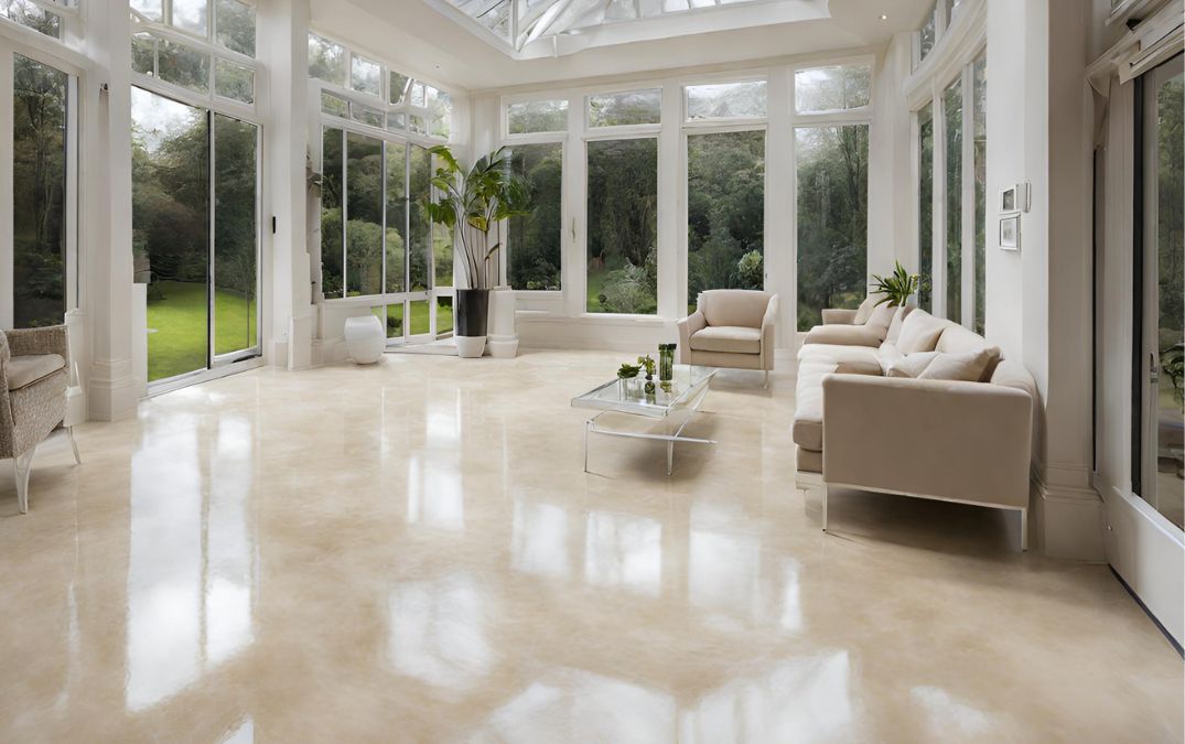 A cream finish on a polished concrete floor for a conservatory in Bristol