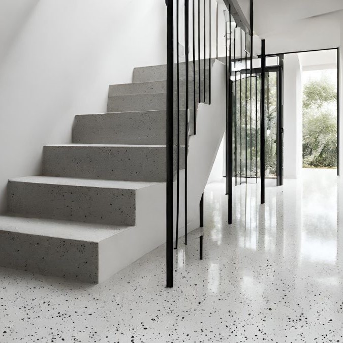 Salt and pepper finish on a polished concrete floor for a hallway in a residential home.