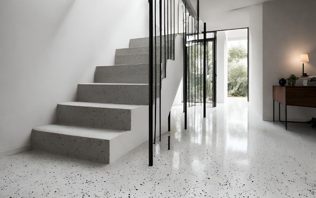 Salt and pepper finish on a polished concrete floor for a hallway in a residential home.